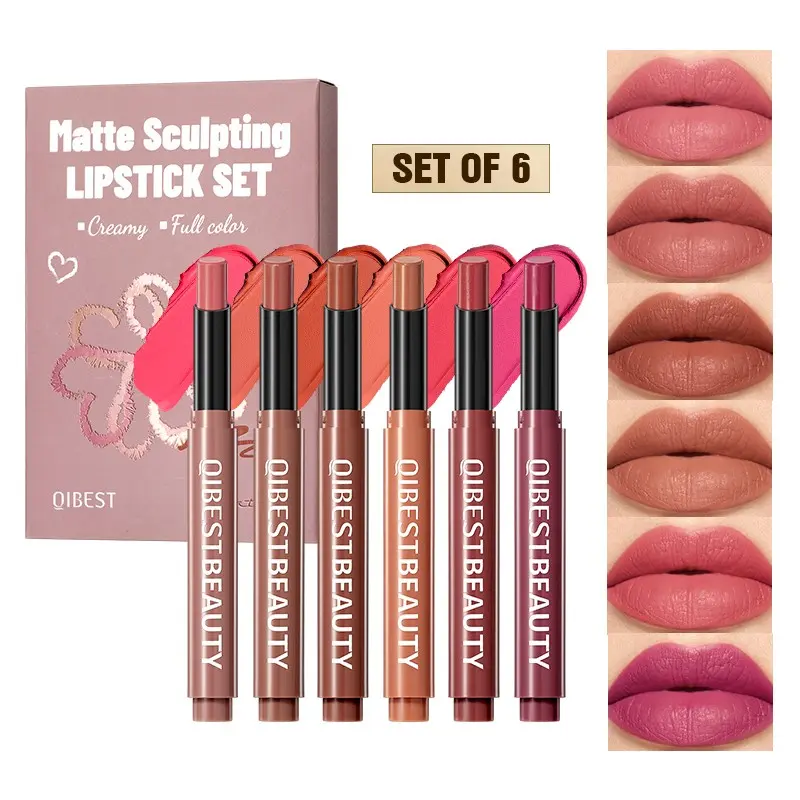 Velvet Long Lasting Matte Sculpting Lipstick Set of 6, Cosmetic, Smooth Lip Makeup Effect, Easy Dual Lip Color Adjustment, Non-Flammable, 12 Months Shelf Life