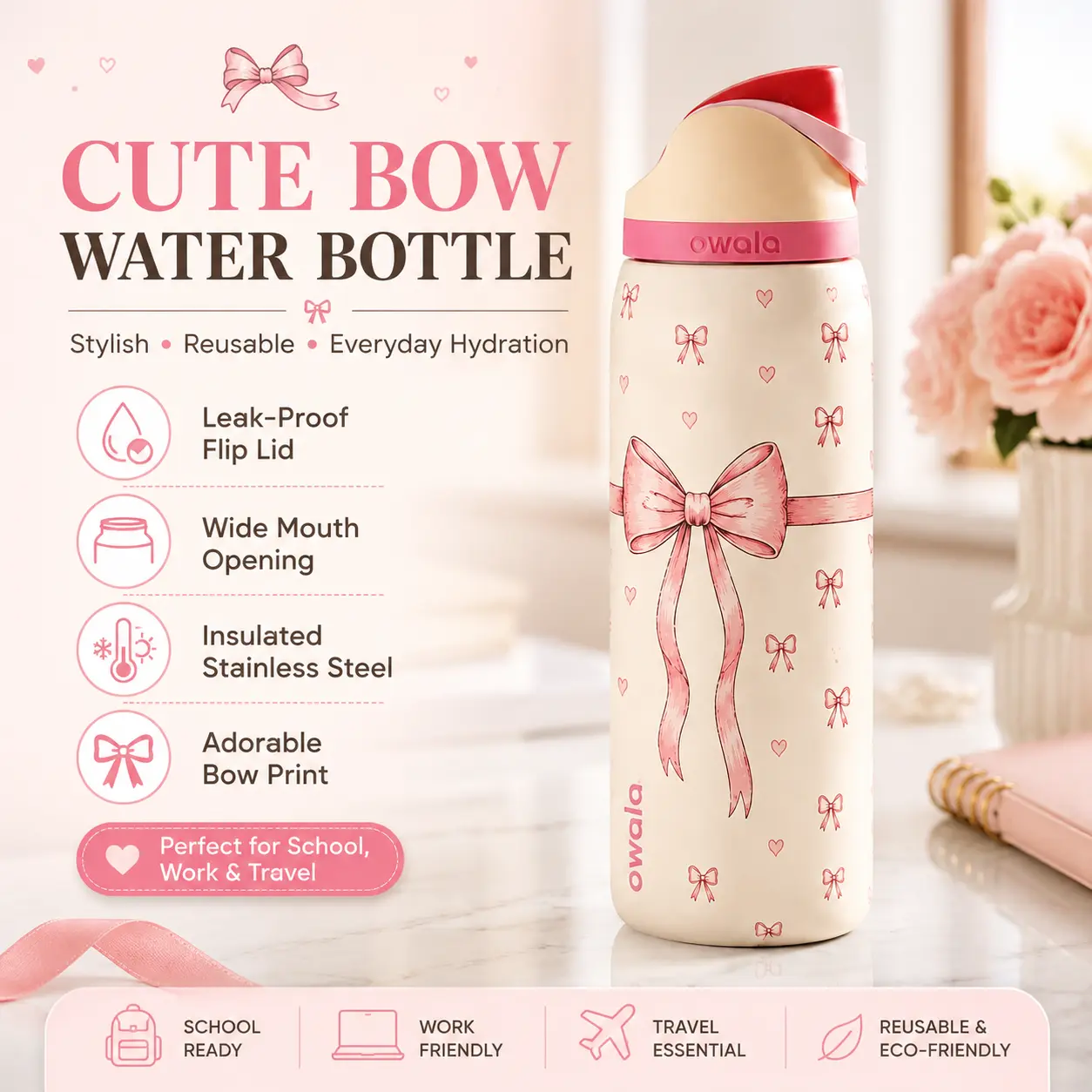 32oz Owala-Inspired Pink Bow Insulated Stainless Steel Water Bottle with Leakproof Flip Lid
