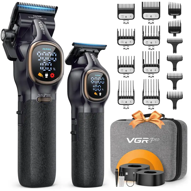 VGR Professional Men's Barber Equipment Clippers & Beard Hair Trimmers Set - Stainless Steel, Turbo 9000 RPM, USB-Powered Cordless, Adjustable, Cleansing-Friendly Rechargeable, All Hair Types, Smoothing Performance, Package Case, Father’s Day Gift