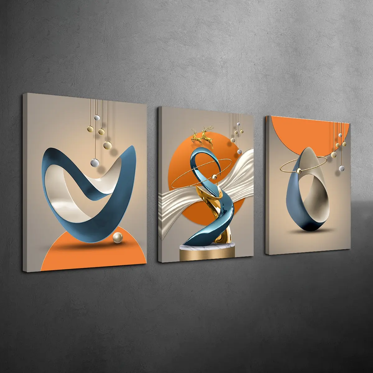 3 Counts Wood Framed Canvas Modern Abstract Design Golden Deer Wall Art, Luxury Geometry Wall Art, Modern Home Decor, Ready To Hang, Waterproof Canvas Wall Art, Artwork Wall Painting For Gift, Wall Picture for Living Room, Living Room Decorations