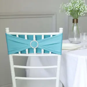 5 Pack Stretch Spandex Chair Sashes 5"x14" Turquoise with Silver Diamond Ring Slide Buckle - Durable Fitted Chair Bands