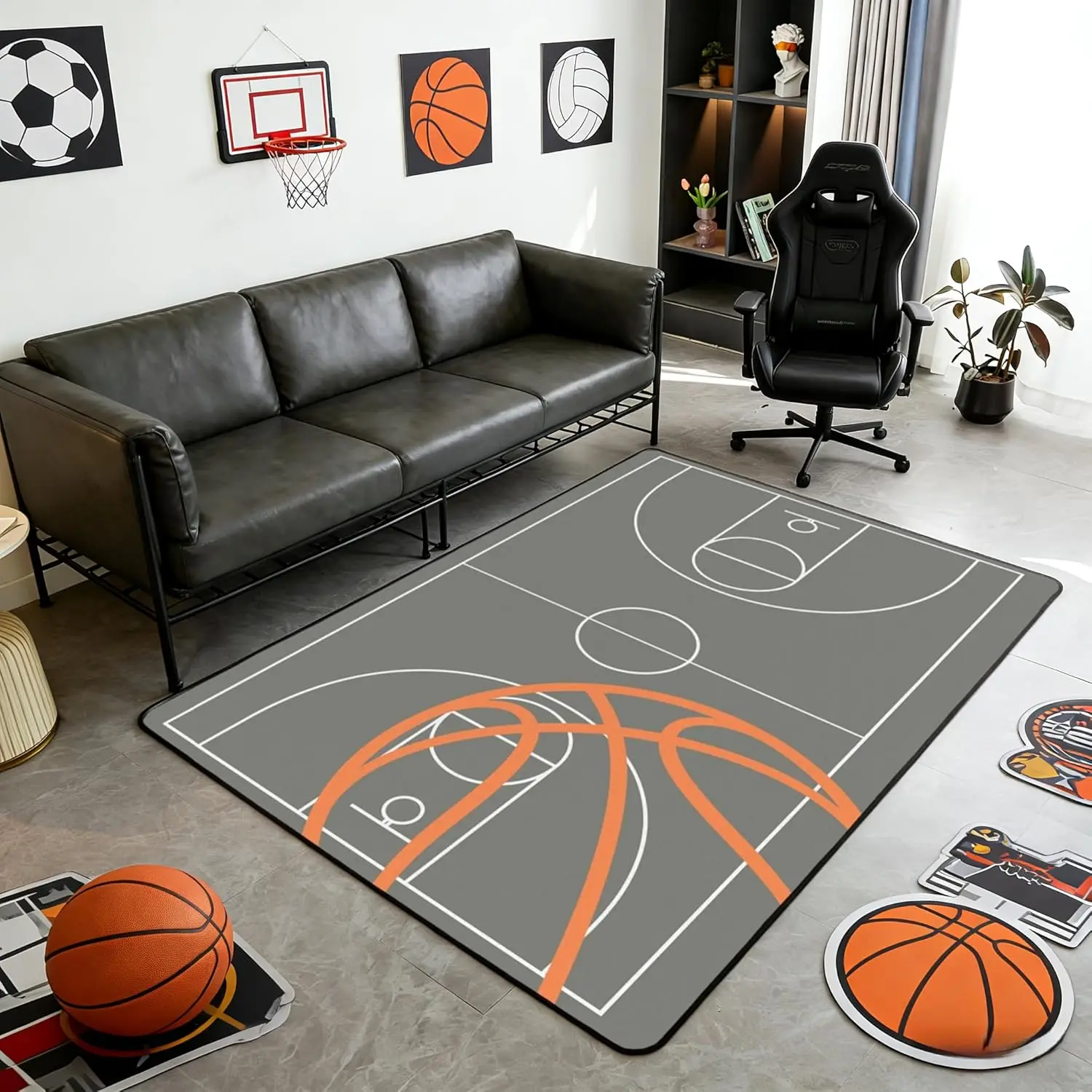 Basketball Area Rug Extreme Sports Game Style Non Slip Rug Basketball Court Geometric Circles Lines Indoor Floor Mat for Living Room Couch 3'x5' Gray