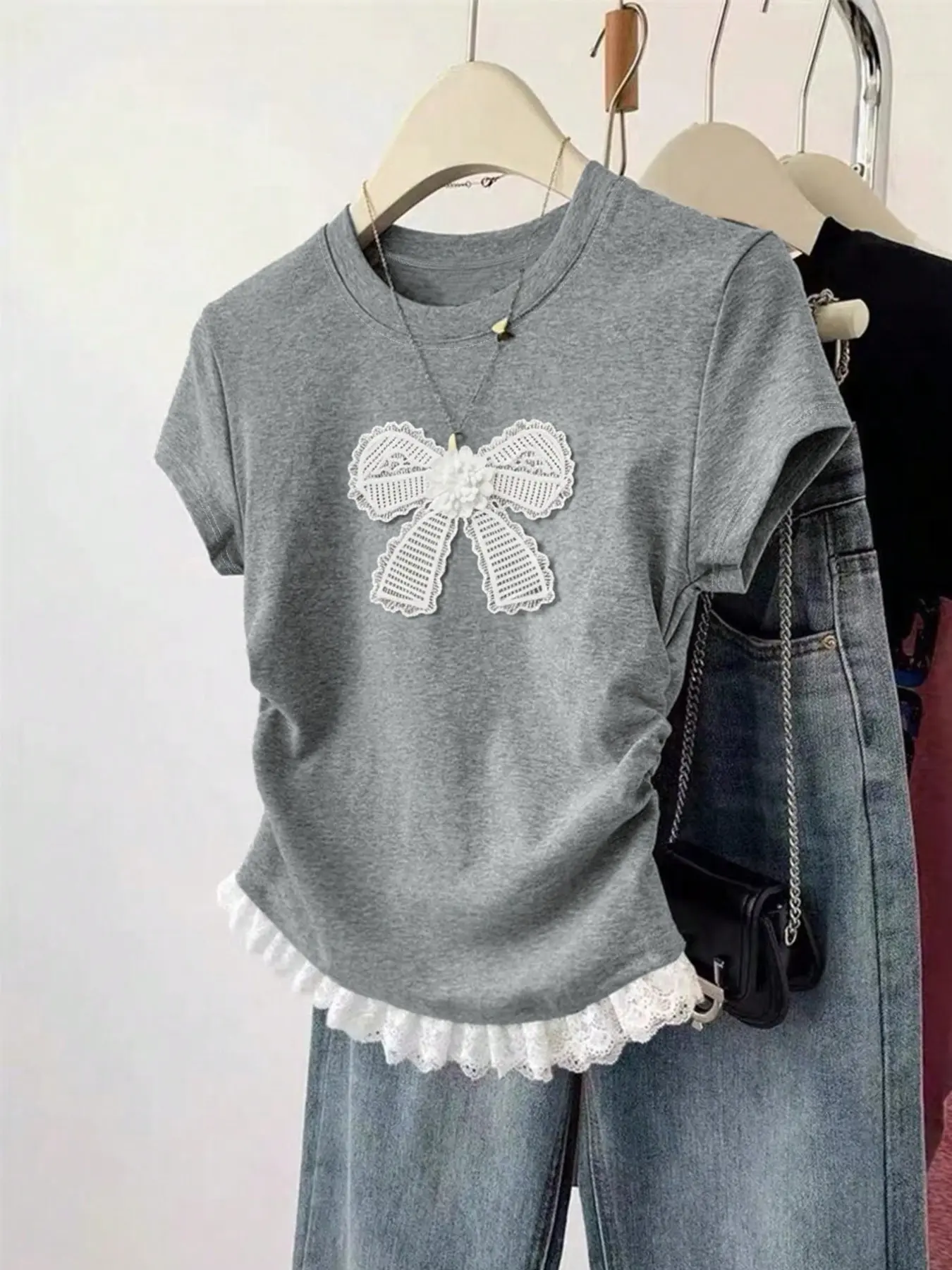 Women's Embroidered Patchwork Ruffle Slim Fit Short Sleeve Round Neck T-Shirt, Elegant Sweet Aesthetic Feminine Style, Skin Friendly Breathable, Casual Daily Wear, Everyday Ruffled Lady Womenswear Embroidery Top