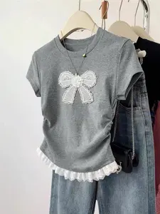 Women's Embroidered Patchwork Ruffle Slim Fit Short Sleeve T-Shirt, Elegant Sweet Aesthetic Style, Skin Friendly Breathable, Casual Daily Wear, Everyday Ruffled Womenswear Embroidery