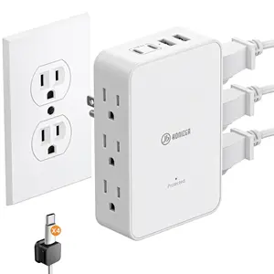 HONIZER Outlet Splitter with 6 AC Side Outlets, Flat Wall Outlet Extender with PD 20W USB C, 3-Sided Electrical Outlet Extender with 4 Cable Clips for Behind Couches, Nightstands, Desks, TV
