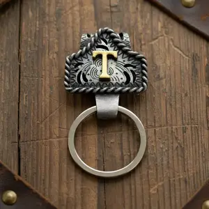 Handmade Cow Tag Belt Key Holder with Copper Initial – Custom Western Keychain, Texas-Inspired Fashion Accessory for Bags, Keys & Gifts