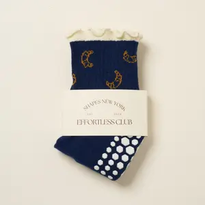 Shapes Studio Effortless club Crew Half Calf Grip Socks, Cutest Fruits Pilates Socks, Non-Slip Socks, Barre Yoga Fitness, Croissant Printed