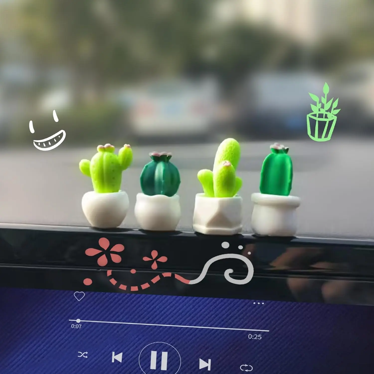 4PCS Mini Cactus Car Dashboard Decorations, Cute Cactus Rearview Mirror Ornaments with Adhesive Sticker, Funny Dashboard Decors for Cars, Home, and Garden (Cactus)