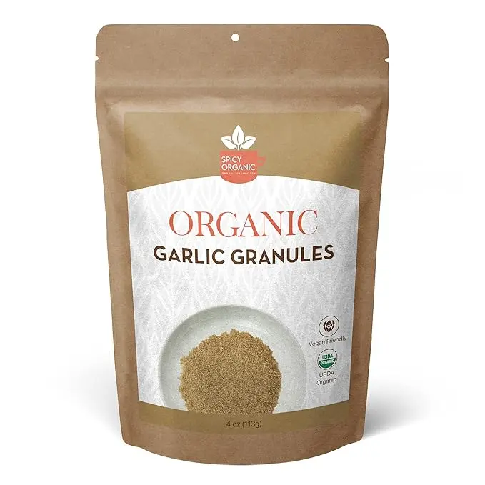 SPICY ORGANIC Garlic Granules – 100% USDA Organic- Premium Quality Granulated Garlic Powder for Mouthwatering Rubs on Beef, Pork, Fish, Poultry, and Delicious Sauces – 4oz Spice Flavor Vegetable