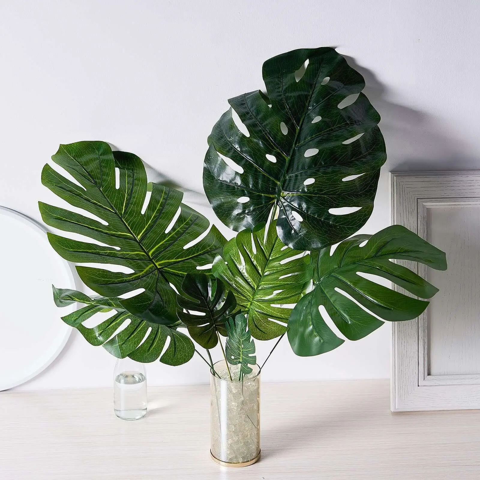 6-Stem Assorted Green Synthetic Silk Monstera Leaf Stems - Decorative Faux Tropical Foliage for Tropical Plants Decor, Baby Shower Decorations, Craft Supplies, Fast Food Shops, Juice Bars