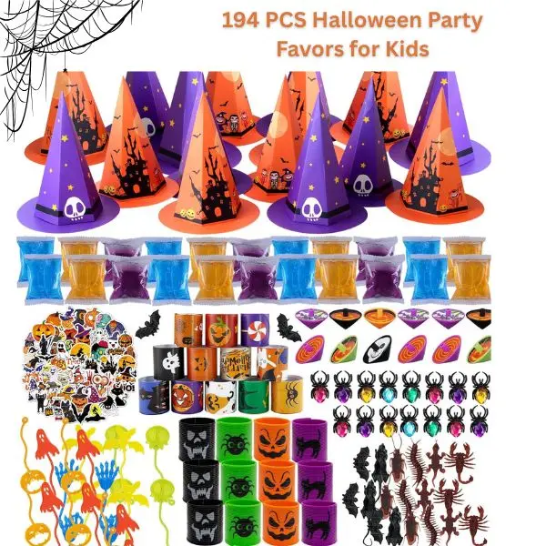 194 PCS Halloween Party Favors for Kids, 18 Pack Witch Hat Goodie Bag Stuffers, Bulk Halloween Slime Toys, Non-Candy Trick or Treat Fillers, Classroom Prizes, School Rewards, Carnival Party Supplies