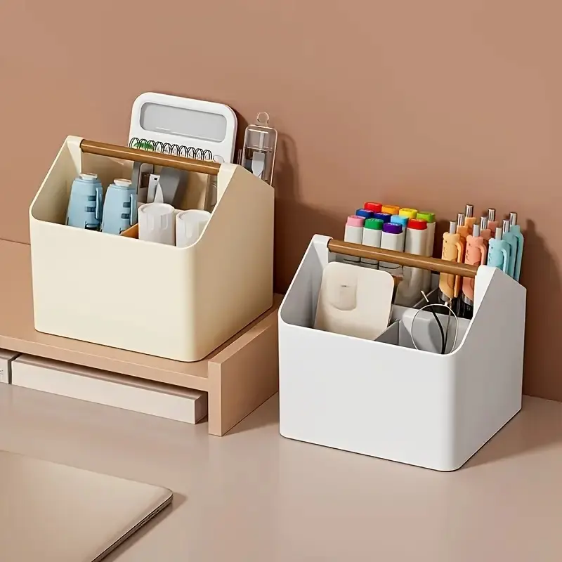 Portable Plastic Desktop Storage Box with Wooden Handle, Office Accessories, Multifunctional Office and School Organizer, Files Organizer, Document Organizer, Paper Organizers, Includes Pens, Notebooks, Markers, Fluorescent Pens