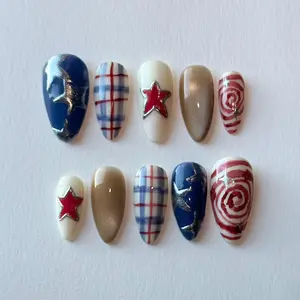 Red Blue Press On Nails | Star Nail Art | Plaid Checkered Nails | Swirl Fake Nails | Handmade Custom Press On Nails | Long Almond Nail Set