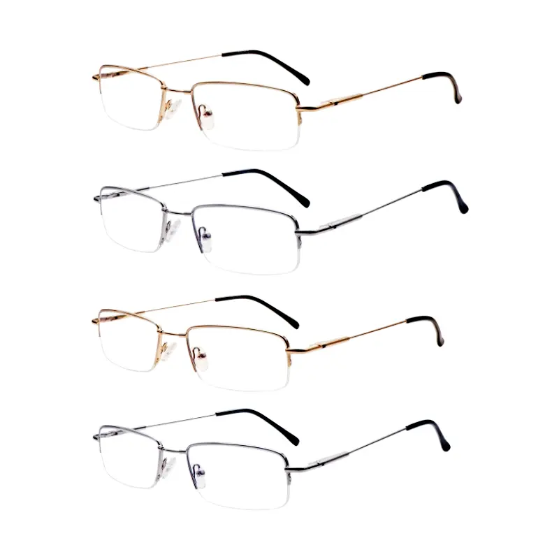 4-Pack Half Rim Metal Anti-Blue Light Daily Reading Glasses, Lightweight Flexible Bendable Presbyopia Eyewear Frames