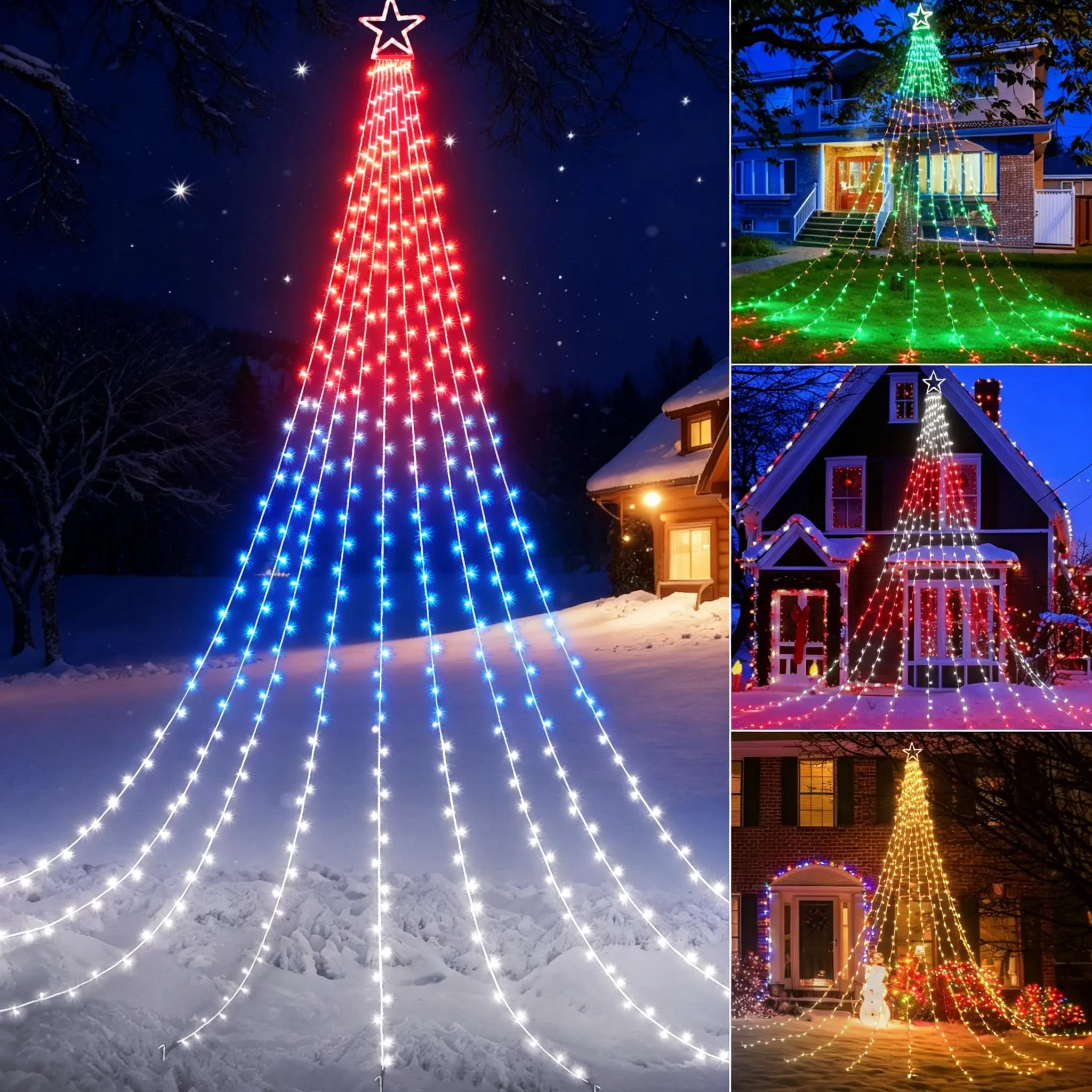 FLACCHI 16.7Ft Outdoor Star String Lights with Remote, RGB Waterfall Lights for Summer Party 4th of July House Decor