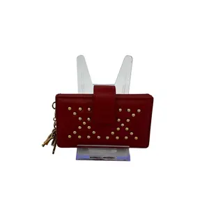 Pre-owned Dior Lambskin Leather Wallet Christian Red Studded Lambskin Accordion Card Holder with Key Charms
