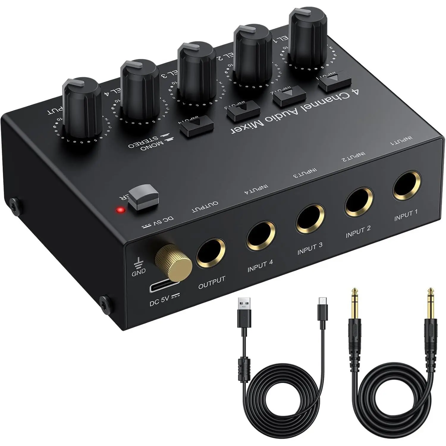 Mini Audio Mixer 4  Line Mixer - USB-C  Sub Mixer with Volume Control & Stereo Mono , Compact Low Noise Audio Mixer for Guitar, Bass, Keyboard, Recording, Streaming