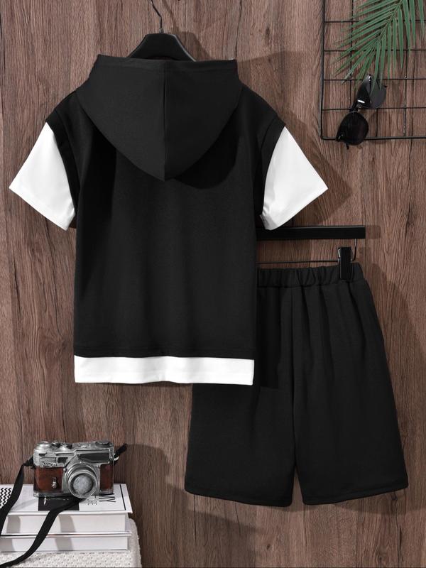 Two-piece Set Boy's Hooded Top & Shorts, Casual Hooded Top & Track Shorts for Summer, Kids Clothes for Daily Wear
