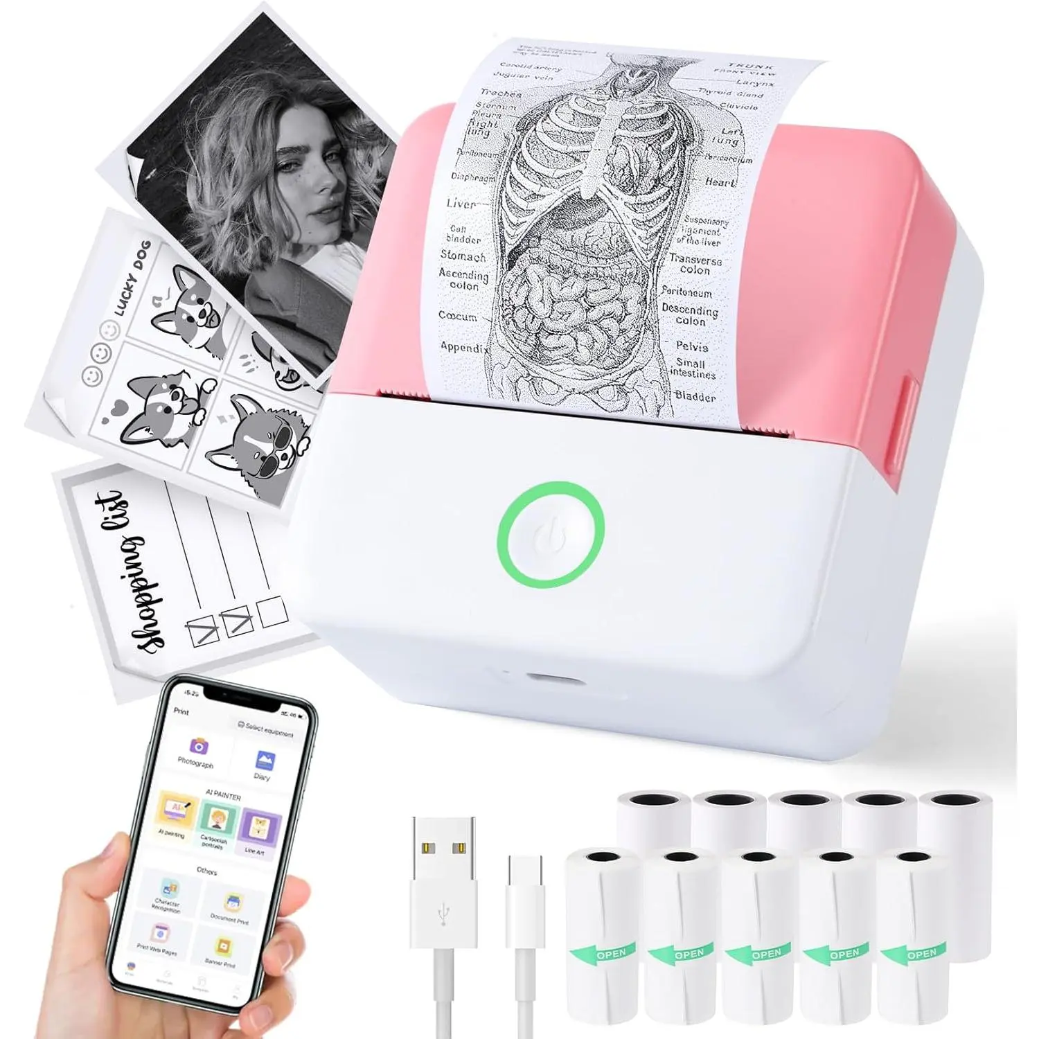 Print Pods Mini Printer, Thermal Inkless Sticker Maker with 10 Rolls Printing Paper, Pocket Printpod for phone, Impresora Portatil for Notes, Flashcards, Journal, DIY, Compatible with iOS & Android