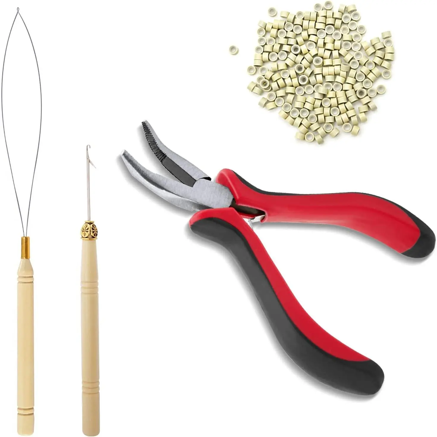 Hair Extension Tool Kit, Bead Device Tool,  Lined Links Beads, Curved Hair Plier, for Tinsel and  Hair Extensions or Removal (Beige)