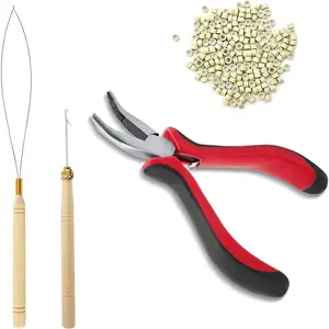 Hair Extension Tool Kit, Bead Device Tool,  Lined Links Beads, Curved Hair Plier, for Tinsel and  Hair Extensions or Removal (Beige)