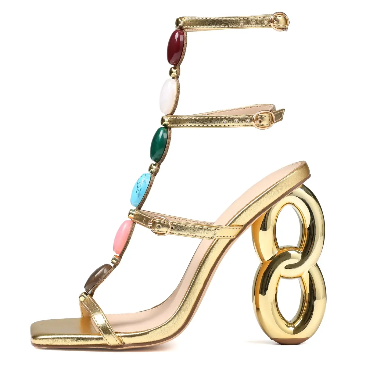 Womens Square Toe Gold Gem Dress Sandals Interlinked Hollow Heel Adjustable Buckles Comfortable Formal Heels For Bridesmaids Wedding Parties Vacations Scratch Resistant Metallic Gold Leather Gem Accents For Evening Outfits
