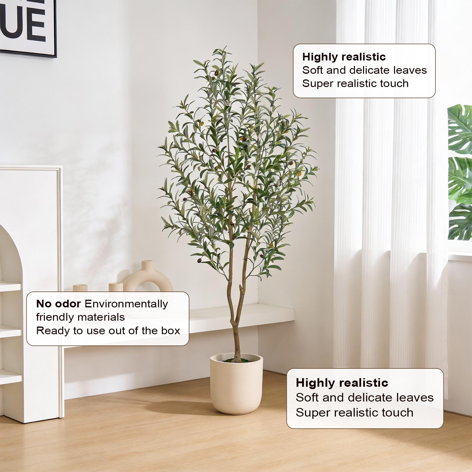 Includes Black Plastic Planter ！！！— 6ft / 7ft / 8ft Indoor Artificial Olive Tree  84-Inch Lifelike Faux Olive Tree with Fruit  Potted Artificial Tree for Home and Office Decor.