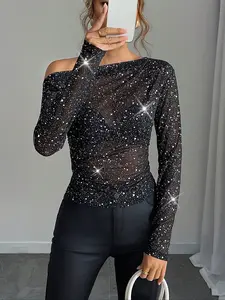 Sequined Mesh Top, Asymmetrical Shoulder Design, Transparent Sparkle, Party Date Atmosphere, Casual Fitted Woven Fabric, Casual Fashionable Top
