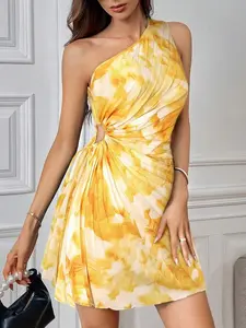 SHEIN Privé Women's Gradient Print Pleated Asymmetric Neck Sleeveless Mini Dress,Summer Dresses For Women,Vacation Dress,Suitable For Commute/Elegance/Sexy/Vacation/Beach/Romance/Date/Valentine's Day/Concert/Performance/Party/Prom/Wedding Season/Back To