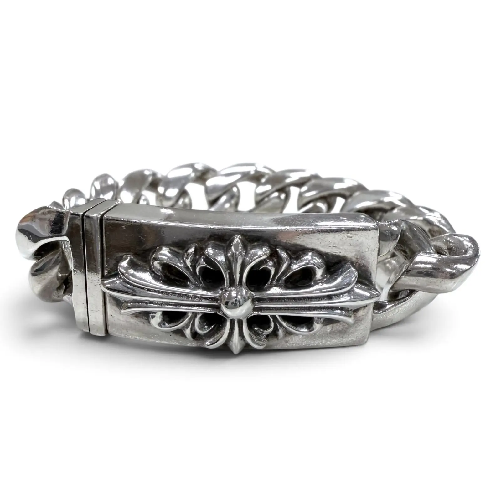 Pre-owned Chrome Hearts Sterling Silver 925 (Ag925) Small Leather Goods 925 Silver ID Short Floral Cross Bracelet