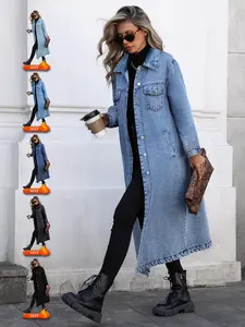 Women's Button Front Denim Coat, Elegant Casual Long Sleeve Outerwear for Spring & Fall, Women's Clothing for Daily Wear Jackets