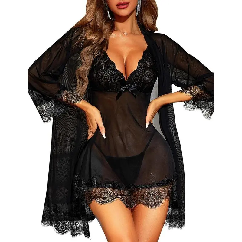 Women Sexy Lingerie Set 3 Piece Babydoll & Lace Kimono Robe Strap Chemise Sleepwear Mesh Nightgown - TikTok Shop Women Sexy Lingerie Set 3 Piece Babydoll & Lace Kimono Robe Strap Chemise Sleepwear Mesh Nightgown - TikTok Shop