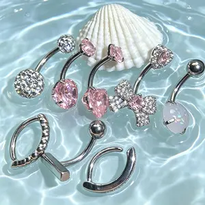 8PCS Belly Button Ring CZ Sparkling Stainless Steel Belly Rings14G 1.6MM Belly Piercing Cute Navel Belly Piercing for Women Pink Belly Ring Pack