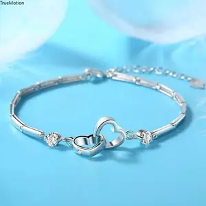 925 Sterling Silver Double Heart Charm Bracelet - Hypoallergenic Korean Vintage Zircon Adjustable Exquisite Jewelry
