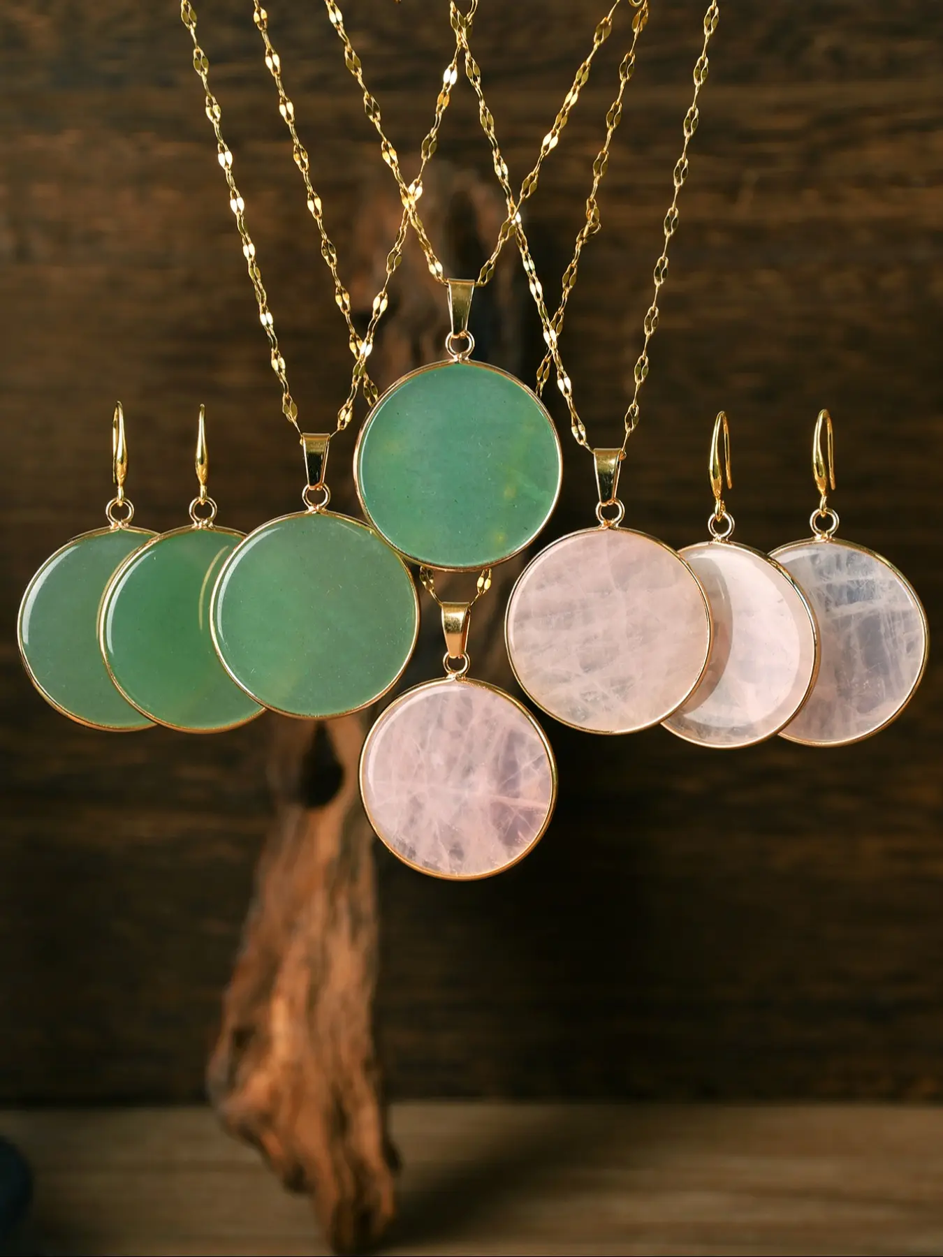 Elegant Natural Stone Green Chalcedony Rose Quartz Round Pendants Necklace Earrings Set, Vintage Fashion & Crystal Choker Style Stainless Steel Chain Jewelry Kit, Jewelry Sets