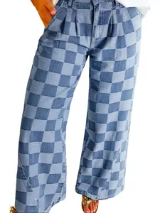 Checkered Wide Leg Jeans for Women - High Waisted Plaid Straight Denim Pants