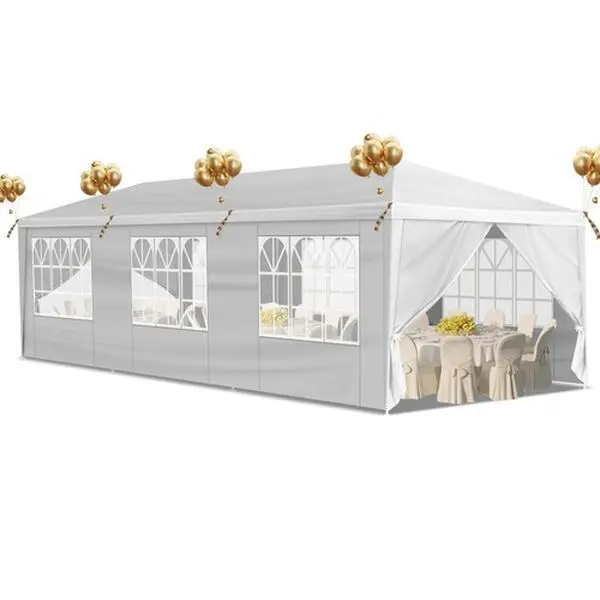 10'x30' Outdoor Patio Canopy Tent, Camping Shelter with 8 Removable Sidewalls, Windows, Waterproof PE Roof, Stabilizing Kit & Elastic Fitness Design