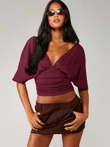 MISSGUIDED Sage Wrap Front Ruched Crop Top - Multicolor Sleeveless Scoop Neck Tank with Slight Stretch & Slim Fit for Beachwear - Fabric