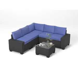 Garvee 6 Pieces Outdoor patio Sectional Furniture PE Rattan Sofa Set, All Weather Wicker Modular Patio Conversation Couch Sets with Coffee Table & Thickened Cushions for Backyard, Poolside, Brown & Blue