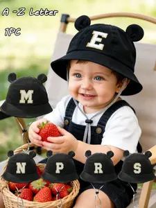 1pc Baby Cute Ear Bucket Hat  Kid's A-Z Letter Print Sun Hat, Casual Style With Adjustable Windproof Cord, For Outdoor Beach Sun Ion 2-4Y