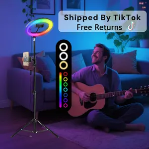 12in LED Selfie Circle Light, Ring Light with Stand, Max 43inch/110cm Tripod Stand, 2 Holders for Phone,  5000K Color Temperature for Live Streaming, Barber, Makeup, YouTube, Tiktok#christmas vlog Adjustable RGB Set