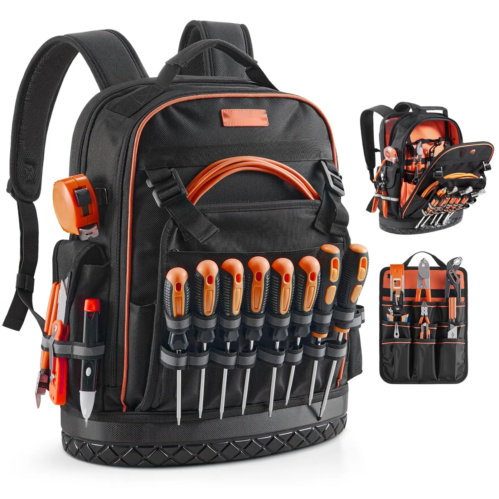 Tool Backpack with 64 Pockets, Tear-Resistant Construction, Heavy-Duty Jobsite Organizer for Electricians and Tradespeople, Portable Tool Storage Bag with Padded Straps, Waterproof Fabric, Reinforced Handle, and Compartments