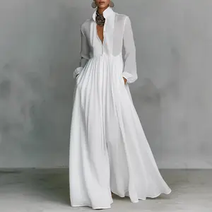 Women'S White French Chic Pleated Dress - Long Sleeve Waist-Cinching Vacation Maxi