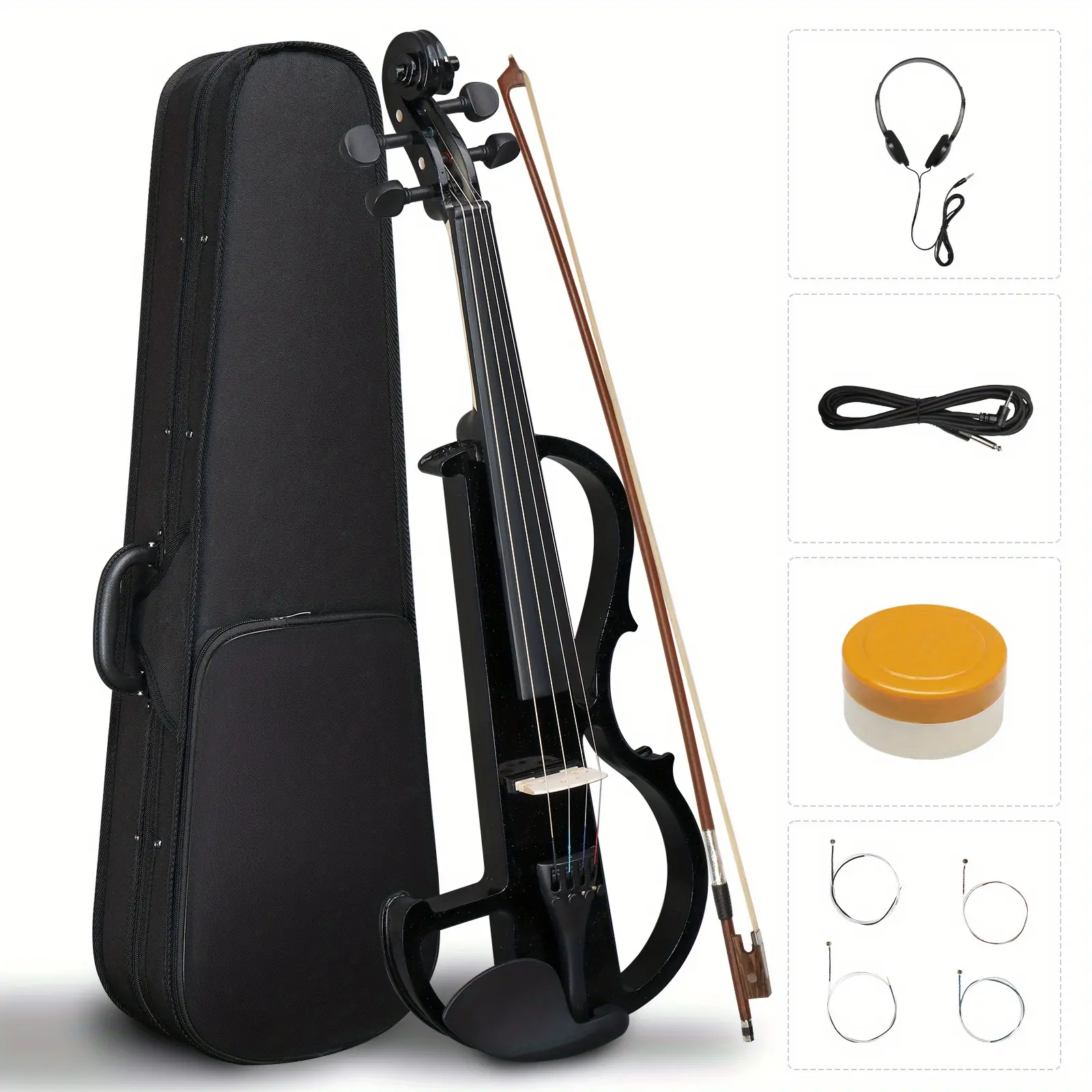 4/4 Full Size Bunnel Edge 4-String Electric Silent Violin with Arbor-Birch Construction, 9V Compatibility, Case, Bow, Rosin, Headphone Connecting Line, Black