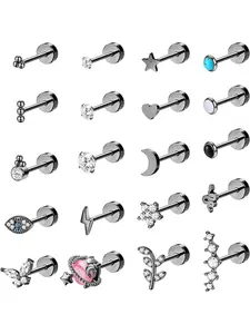 20 Pcs Black Assorted Cartilage Earring Pack for Women Men Modern Unisex Stylish Stainless Steel Hypoallergenic Skin-Friendly for Everyday Wearing Snug Lightweight Effortless Wear Tiny Butterfly Love Snake Cross Star Moon Motifs Flat Back Stud Earrings
