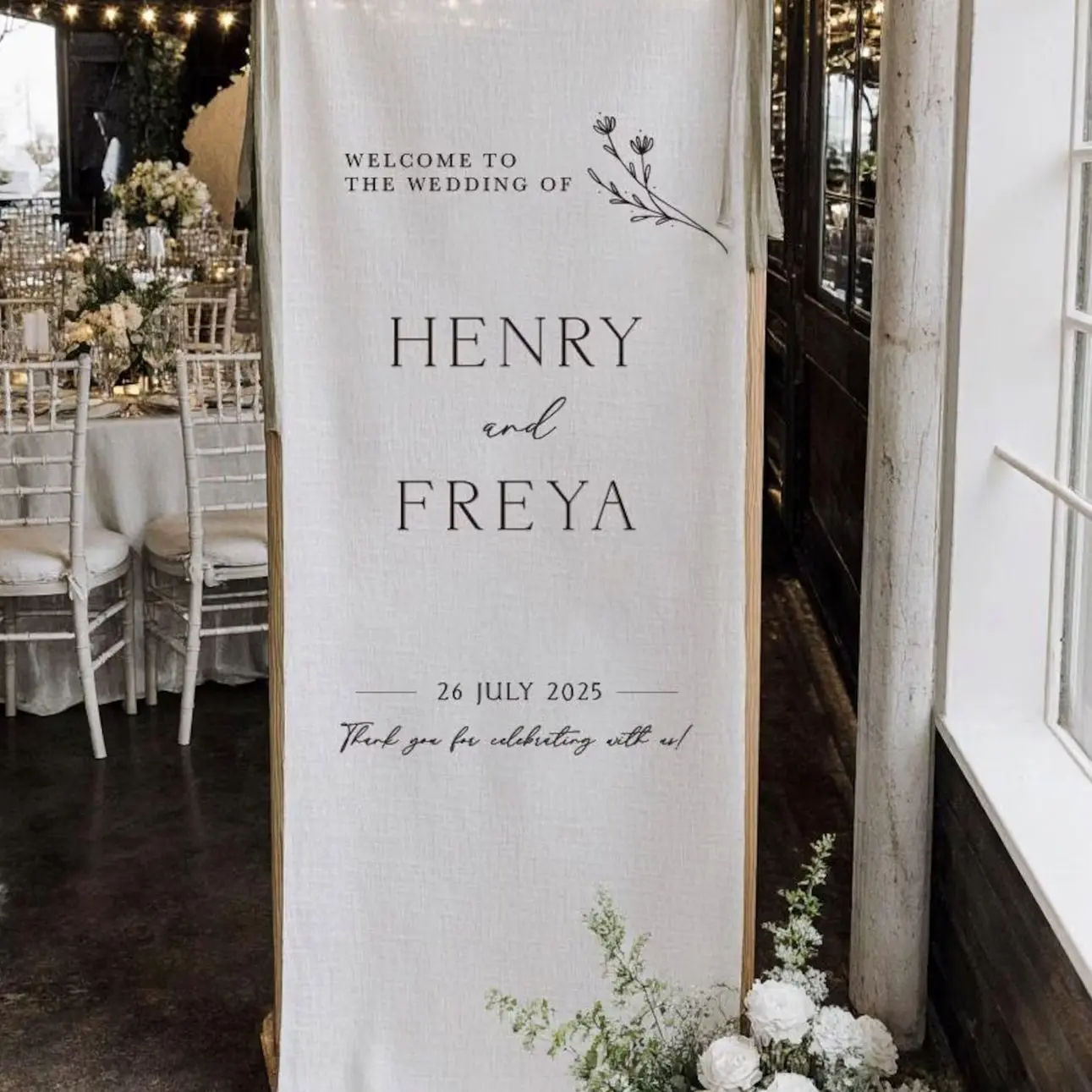 Custom Fabric Wedding Welcome Sign - Modern Microfiber Wedding Sign •  Personalised Wedding Decor (No Silk Ribbon)