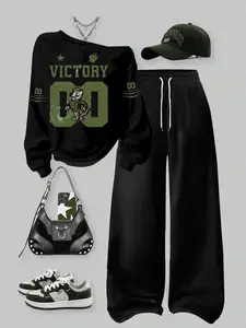 Black 'Victory' Tiger Graphic Tracksuit Set, Sweatsuits Set, Sweatsuit Matching Set, Oversized Sweatshirt + Baggy Pants, TikTok Sporty Aesthetic, Bold Number Print, Comfy Fabric, #OOTD & #StreetwearVibes, Match with Caps/Sneakers for Casual Fits