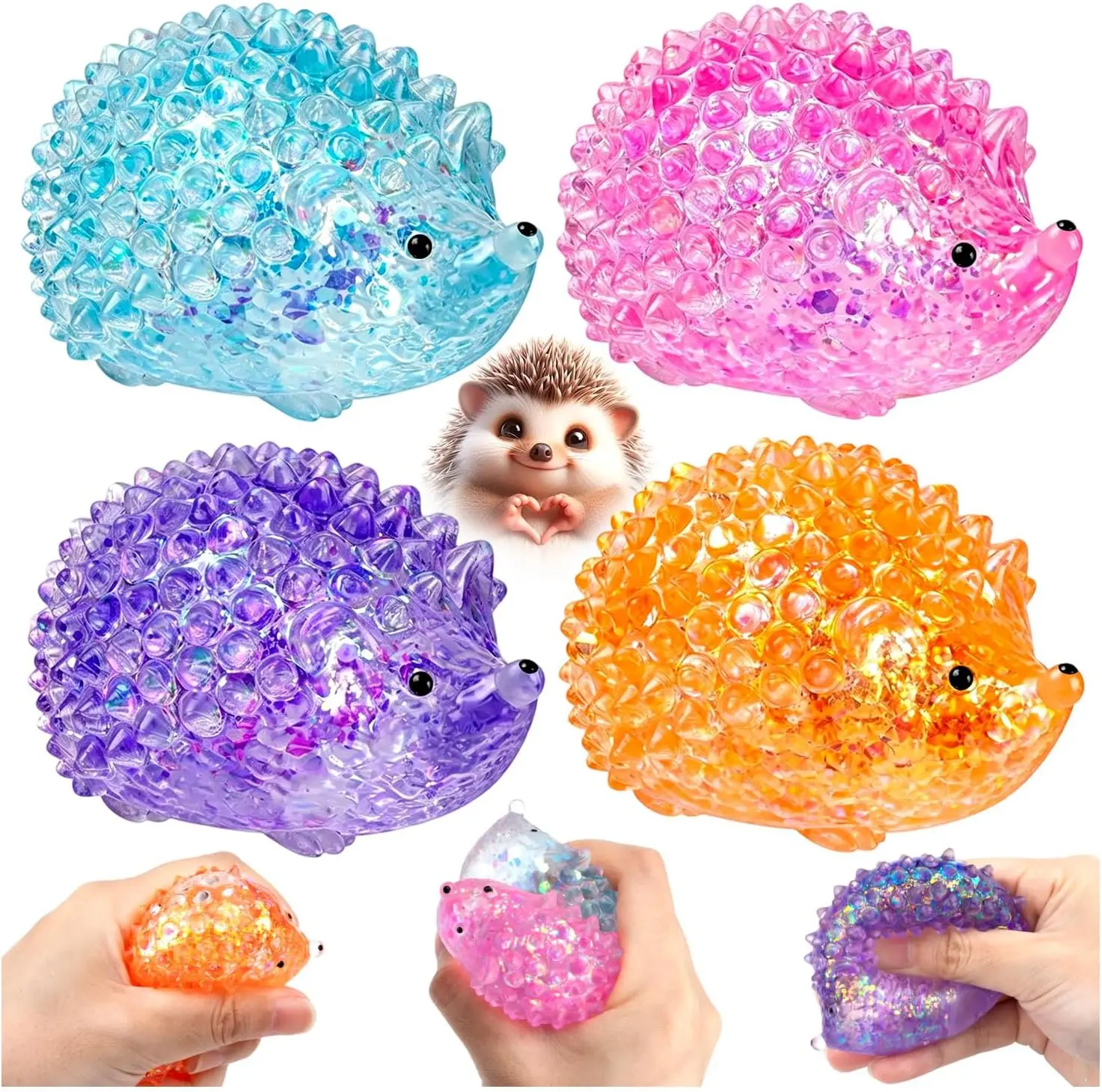 4PCS Glitter Hedgehog Stress Balls Hedgehog Sugar Filled Sensory Fidget Toys for Kids Adults Anxiety Relief Easter Basket Stuffers Party Favors