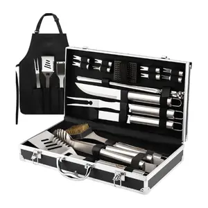 BBQ Grill Tool Set Stainless Steel with Aluminum Case and Apron, Heavy Duty Grilling Accessories Kit for Outdoor Cooking and Barbecue