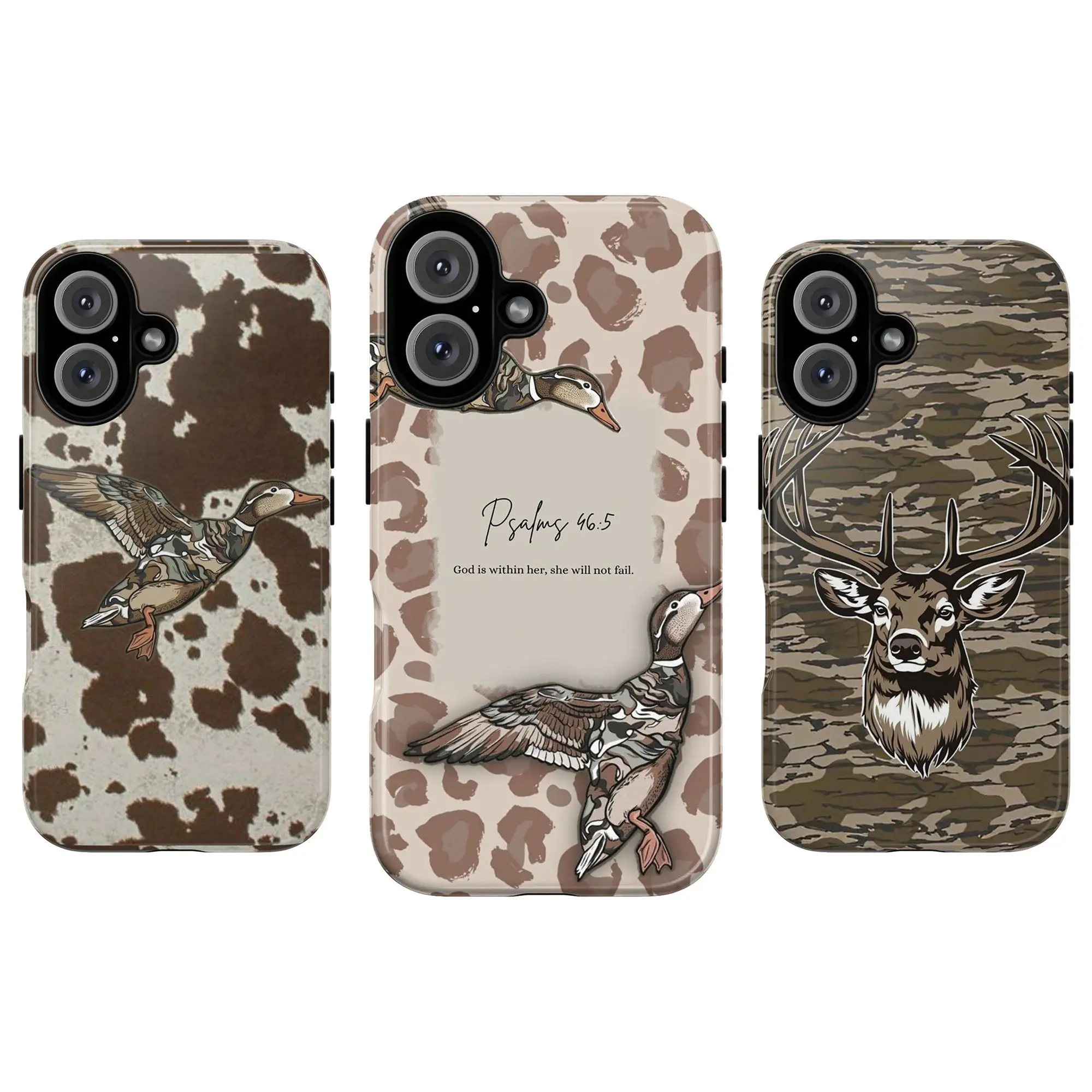 Duck Deer Camouflage Phone Case Set, cowhide leopard beige God is within her, she will not fail flying duck deer antler hunter rustic outdoor faith nature aesthetic gift play now, iPhone 17 16 15 14 13 12 Pro Max, Samsung S25, S24 Gift